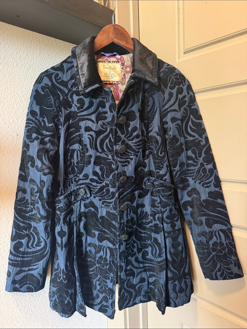 Free People Vintage Blue Paisley Short Pea Coat
